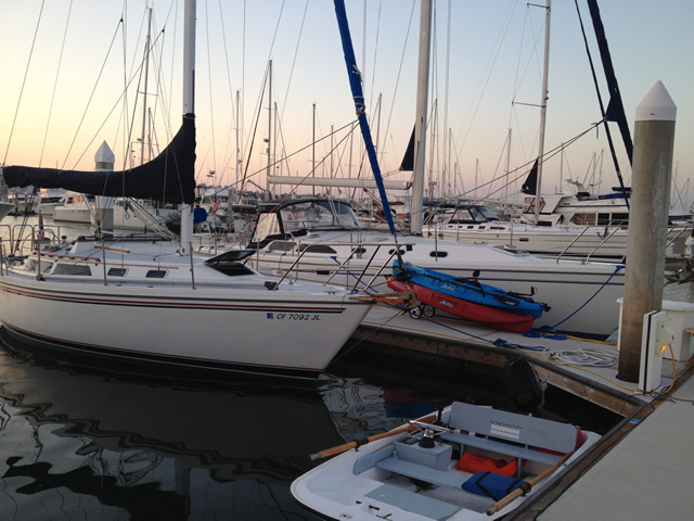 Our Catalina sailboat on the dock at sunset