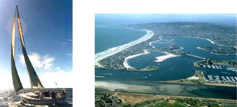 Our 30 foot Catalina on Mission Bay, and an aerial view of Mission Bay.